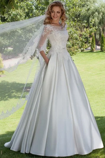 Cool Prices Floor-Length Ball Gown Appliqued Scoop Neck 3-4 Sleeve Satin Wedding Dress Sophisticated Cut