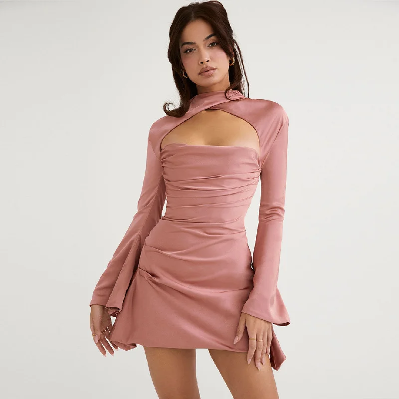 Style Without Limits Long Sleeve Draped Satin Mini Dress - Pink Art Deco Geometric Pattern Look