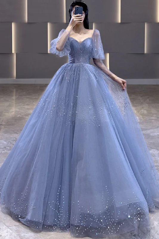 Special Offers Blue Tulle Beaded Long A Line Prom Dress Formal Evening Dress Ball Gown Y7627 Playful Elegance