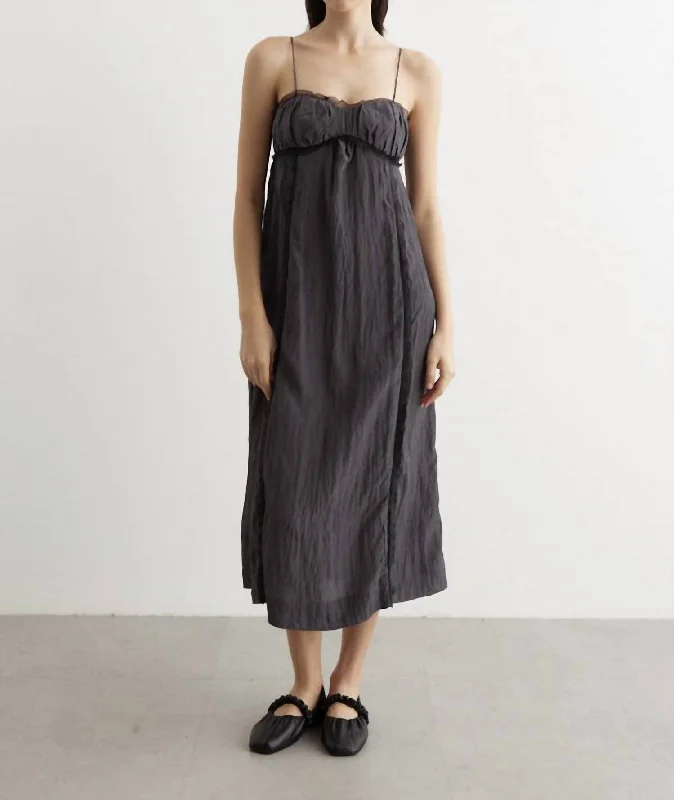 Sophisticated Fashion Shiny Tech Midi Dress In Grey Pinstripe Contemporary Chic
