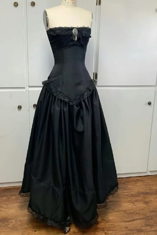 Style Revolution Black Strapless A-Line Lace Satin Long Prom Dress, D45 Sophisticated Cut