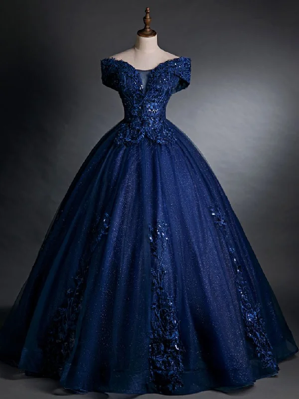 Sustainable Fashion Extravaganza Beautiful Navy Blue Appliques Beaded Ball Gown Off The Shoulder Evening Dress  Y7677 Feminine Elegance