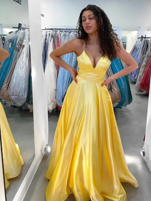 Trend Alert A Line V Neck Yellow Satin Long Prom Dresses, Yellow Satin Long Formal Evening Dresses Alluring Design