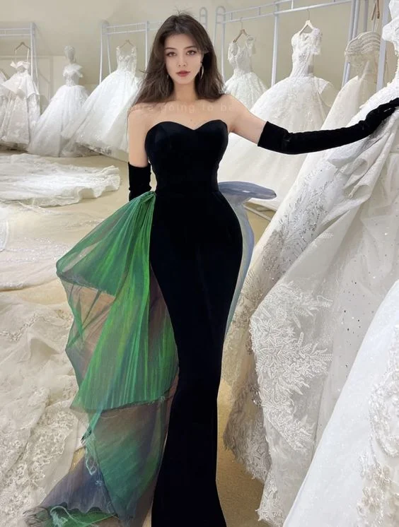 Imeless Style Sexy Mermaid Long Black Velvet Prom Dresses With Sleeves Long Prom Gown Y7286 Feminine Soft - Hued Styles