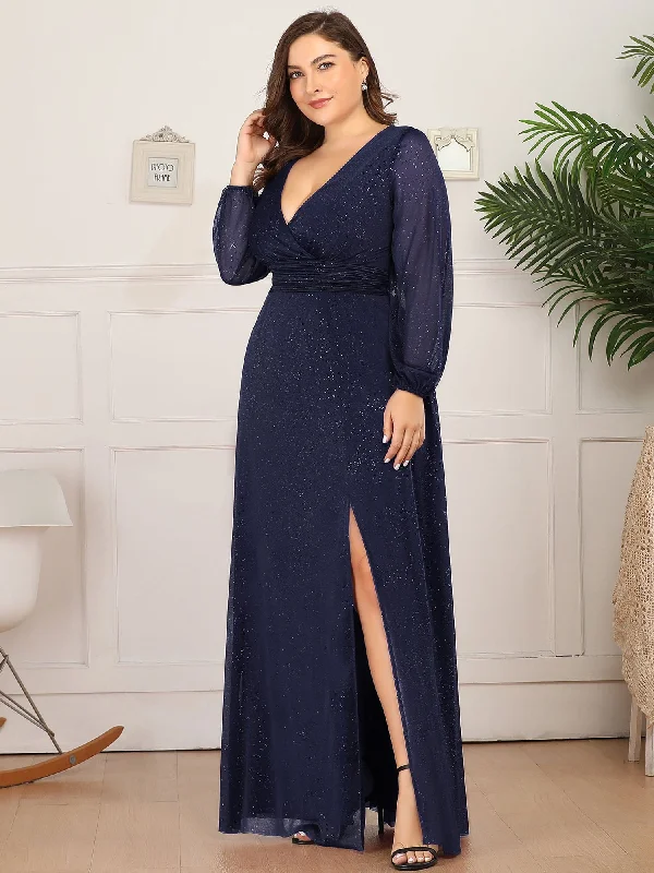 Fresh Fashion Discounts Custom Size Long Sleeve Side Split V-Neck Glittery Evening Dress Contemporary Chic