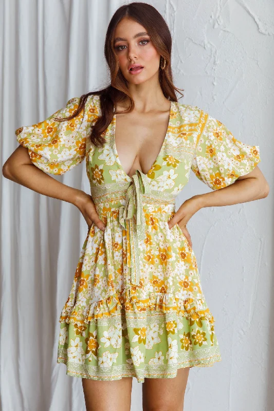 Exclusive Sale Rosy Tied Bust Mini Dress Floral Apple/Yellow Flash Deals
