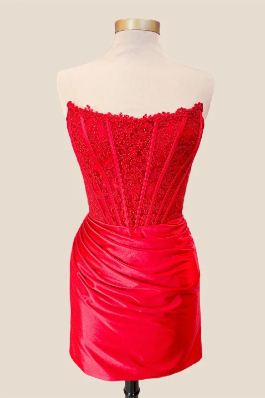 Unleash Your Trendy Side Strapless Red Lace and Satin Ruched Tight Dress Vintage Elegance
