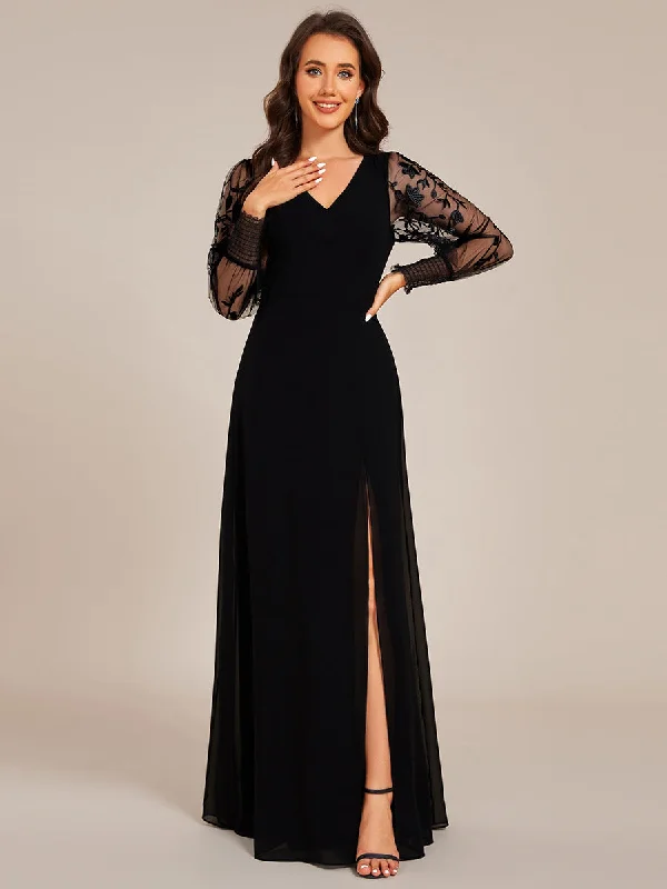 Sleek Style Discounts Elegant Embroidery See-Through Design Long Sleeves Floor Length Side Split Hem Chiffon Evening Dresses Casual Elegance