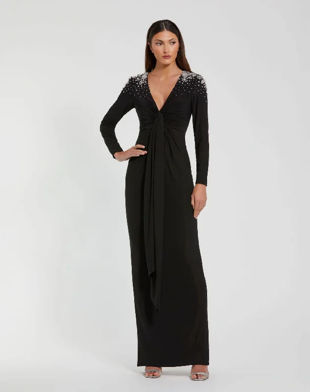 Season Sale Mac Duggal 44063 Long Sleeve Formal Beaded Prom Dress Casual Weekend Relaxed Style