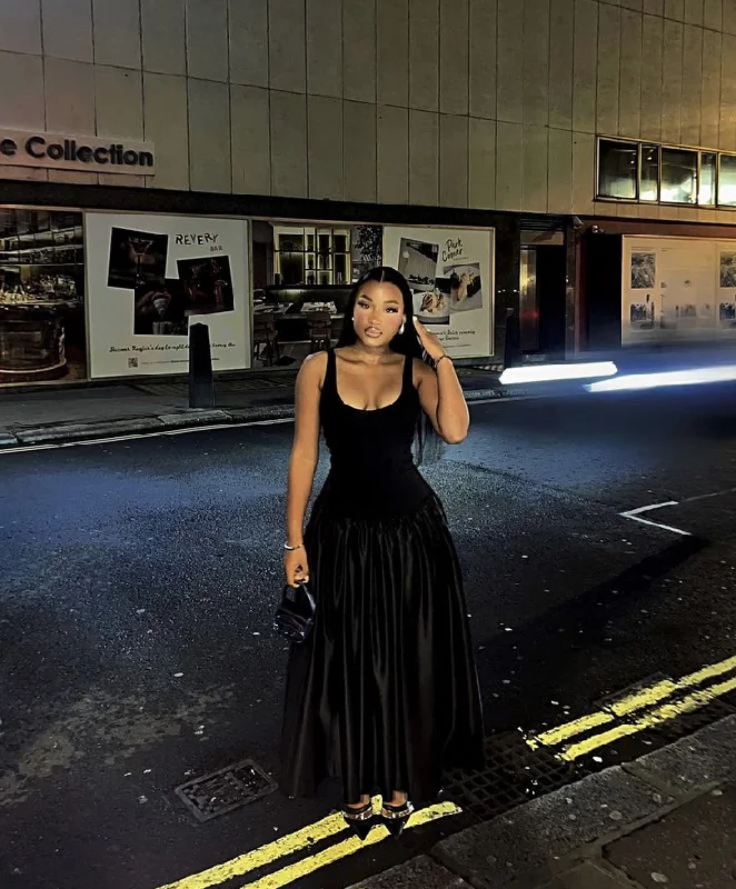 Embrace New Fashion Black Straps A-Line Satin Long Evening Party Dress, D142 Bold Silhouette