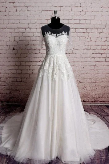 Casual Chic A-Line Lace and Tulle Dress With Jewel Neck and Illusion Short Sleeves Graceful Drape