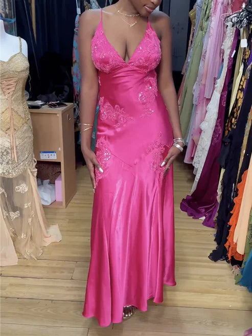 Weekend Exclusive Hot Pink V Neck Backless Sheath Satin Long Prom Dress, MD7978 Ethnic Cultural Event Wear