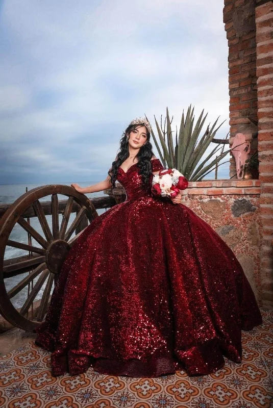 Daily Deals Sparkly Burgundy Off The Shoulder Ball Gown Sweet 16 Dress Y4264 Exquisite Craftsmanship