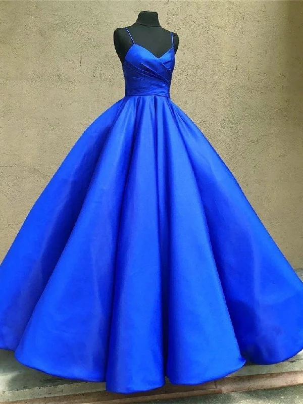 Trendy Street Style Sweetheart Neck Spaghetti Straps Royal Blue Satin Long Prom Dresses, Royal Blue Ball Gown, Formal Dresses Coastal Beach - Inspired Style