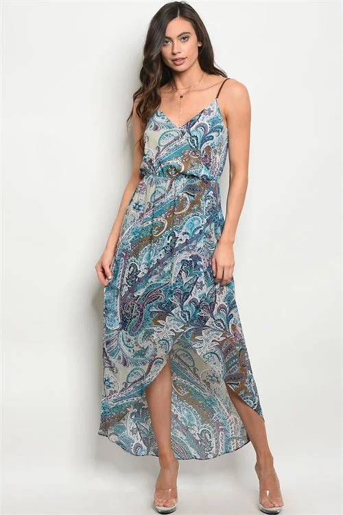 Women's Clothes And Apparel Clearance Event Blue Paisley Print High Low Maxi Dress