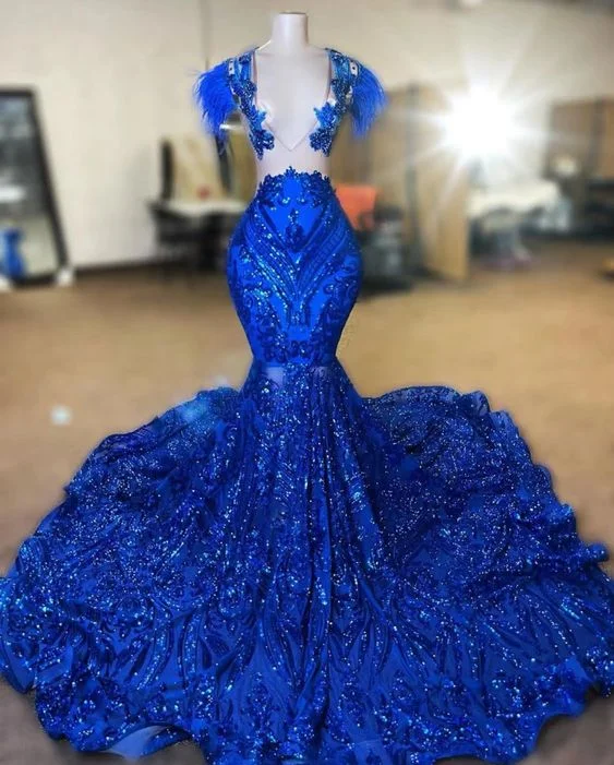 Affordable Trendy Fashion Feather Modest Evening Dress Elegant Royal Blue Sparkly Mermaid Prom Gown Y6657 Dreamy Aesthetic