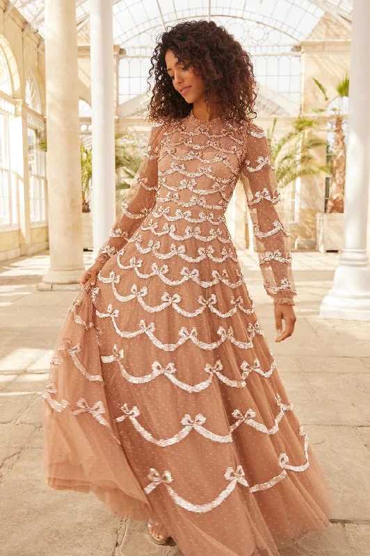 Shop The Hottest Deals Bow Sequin Long Sleeve Gown Alluring Design