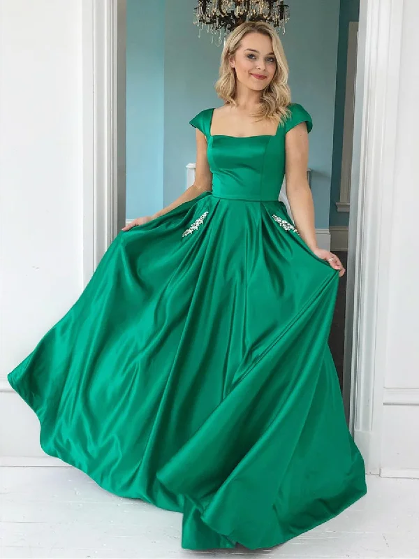 Stylish Savings Cap Sleeves Green Satin Long Prom Dresses with Pocket, Green Formal Graduation Evening Dresses Effortless Sophistication
