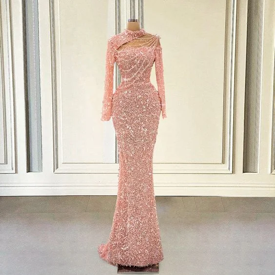 Relaxed Style Sparkly Sequin Pink Mermaid Long Prom Dresses For Graduation Party  Luxury Full Sleeves Women Formal Evening Gowns Y6864 Mid - Season Sale