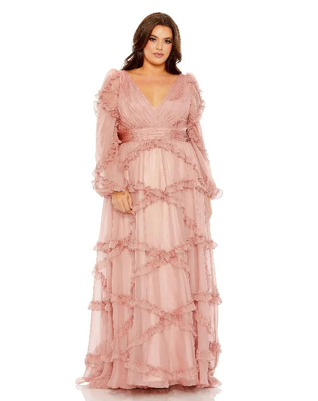 Huge Markdowns Mac Duggal 68425 Plus Size A Line Long Sleeve Formal Dress Luxe Layering