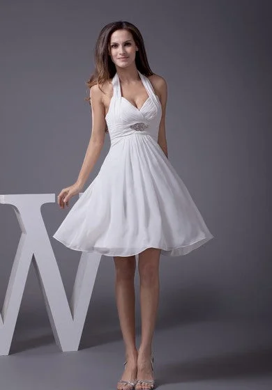 Crazy Discounts, Hurry Up Knee Length Sleeveless Halter A-Line Dress With Ruching and Beadings Subtle Sophistication