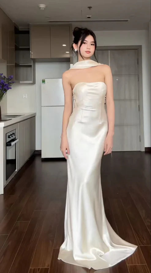 End-Of-Season Clearance Elagant Ivory Halter Mermaid Satin Long Party Dress, MD7974 Chic Urban Fashion Look
