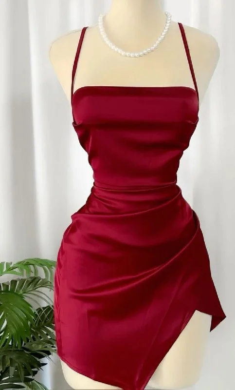 Holiday Attire Sale Wine Red Straps Sheath Satin Short Party Dress Homecoming Dress, MD7873 Elegant Contour