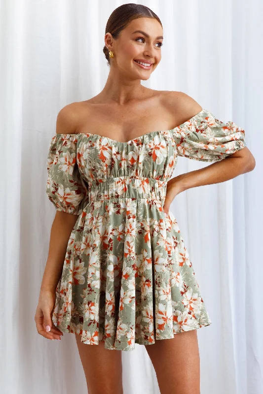 Embrace New Fashion Chasing Sunsets Off-Shoulder Mini Dress Floral Green Luxury Style