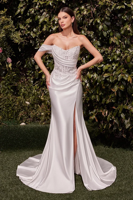 Classy Style Discounts Applique Satin White Off Shoulder Gown by Ladivine CD804W Holiday Sale