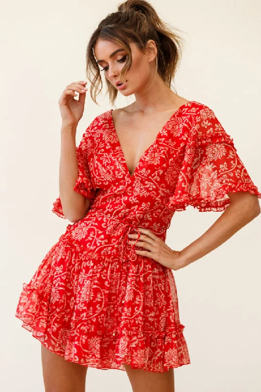 Exclusive Discount Psalm Angel Sleeve Frill Dress Floral Stencil Print Red Flash Sale