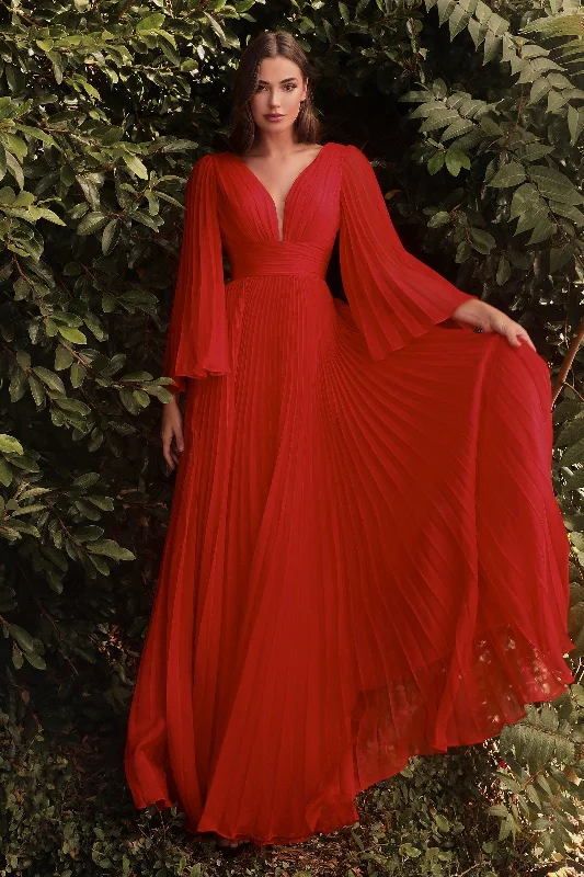 Bold Style Discounts Cinderella Divine CD242 Long Sleeve Pleated Formal Prom Dress Red Vintage Charm