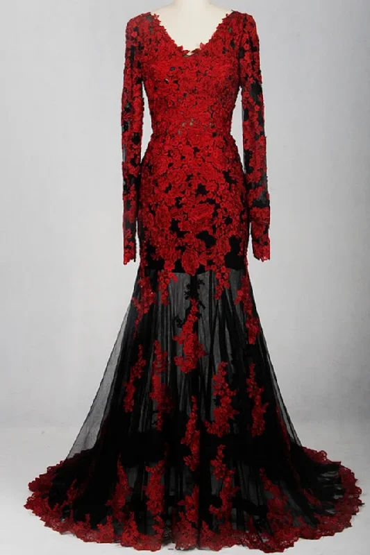 Exclusive Designer Style Deals Mermaid Long Sleeve Black and Red Wedding Dress Feminine Grace