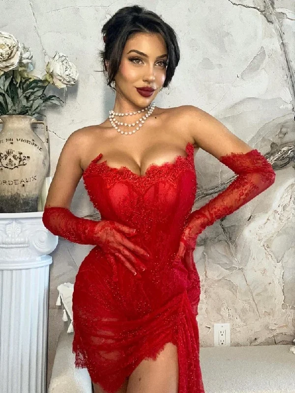 Exclusive Discount Red Lace Mini Homecoming Dress,Red Party Gown Y7387 Classic Charm