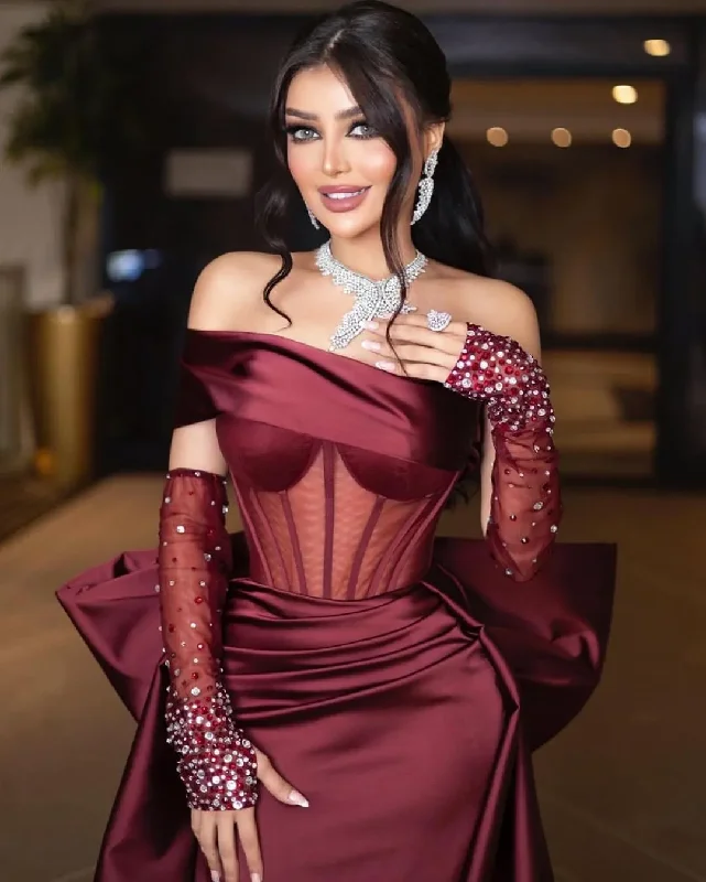 Minimalist Fashion Sale One Shoulder Mermaid Dresses with Beaded Gloves for Women Elegant Party Gown Formal Prom Dresses Court Train  Y4617 Contemporary Chic