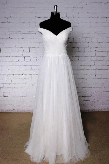 Trend Forward Threads Off-The-Shoulder V-Neck A-Line Pleated Tulle Dress With Crisscross Bodice Chic Urban Fashion Look