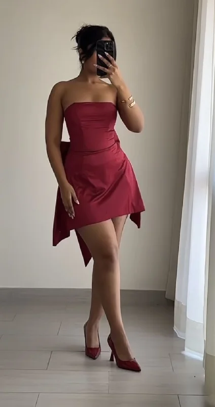Chic And Trendy Wine Red Strapless Sheath Satin Short Party Dress, D123 Dreamy Aesthetic