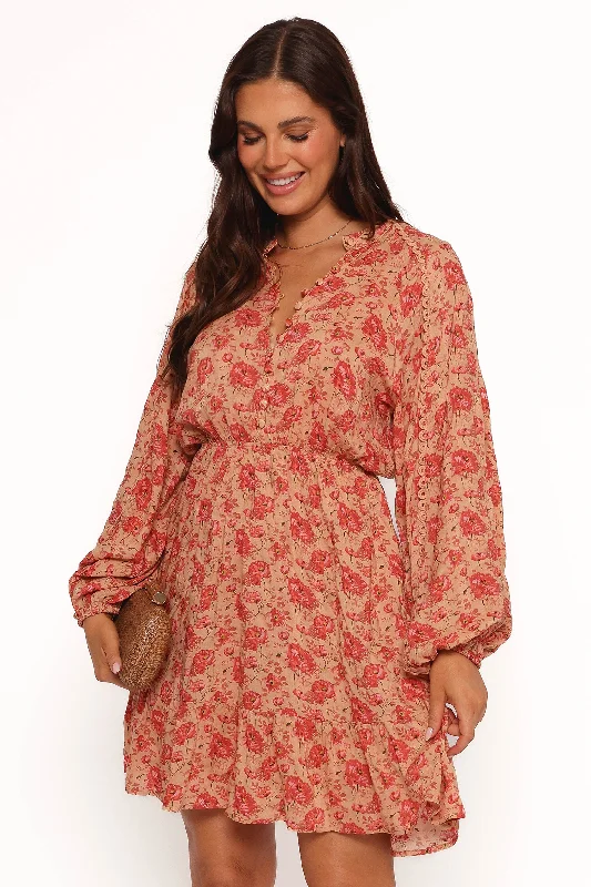 Affordable Luxury Fashion Marti Mini Dress - Tan Floral Nordic Minimalist Home Look