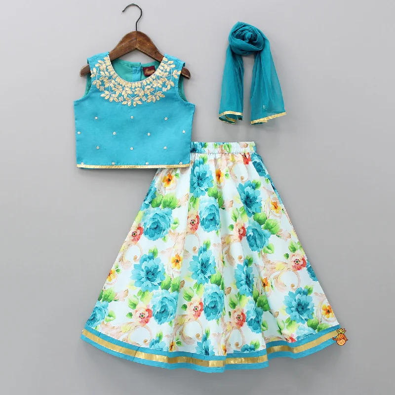 Save Big Blue Top And Floral Printed Lehenga With Net Dupatta Contemporary Elegance