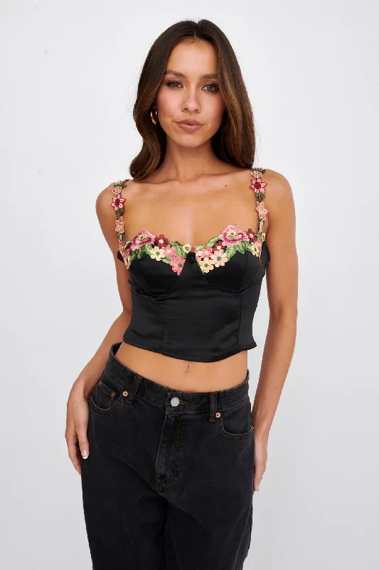 Vibrant Style Promotions Rose Garden Floral Applique Crop Top Black Early Access To Art Deco Styles Sale