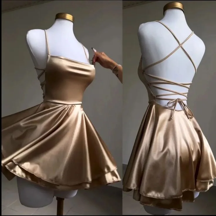 Final Sale Lovely Gold Straps A-Line Satin Short Party Dress Homecoming Dress MD7467 Vintage Retro Party Wear