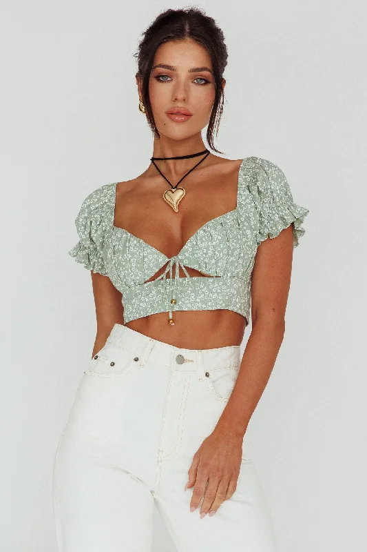 Step Ahead, Lead The Trend Sweet Romance Sweetheart Neckline Crop Top Floral Sage Elegant Details