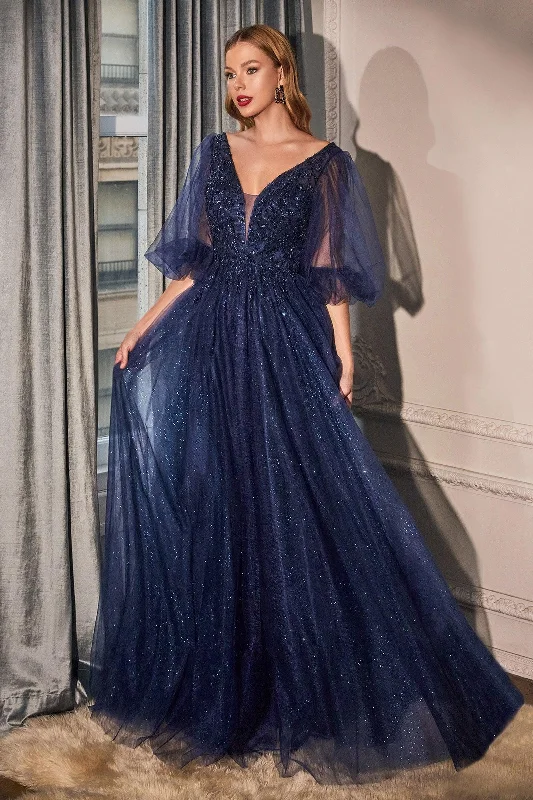 Flirty Fashion Discounts Cinderella Divine CD0182 Long Sleeve Mother of the Bride Long Tulle Dress Navy Vintage Retro Party Wear
