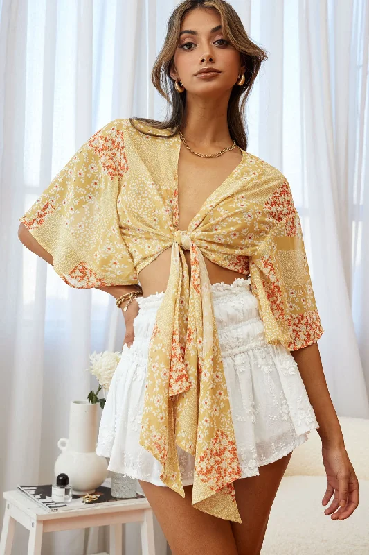 Hot Styles Rivera Deep-V Tie Front Crop Top Floral Square Print Yellow Cottagecore Rustic Charm Style