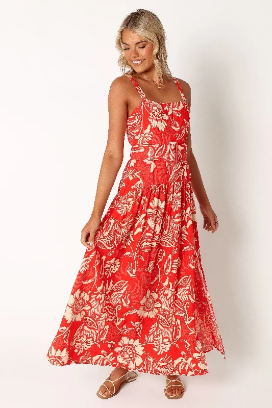 Boutique Styles Loretta Belted Midi Dress - Red Floral Playful Elegance