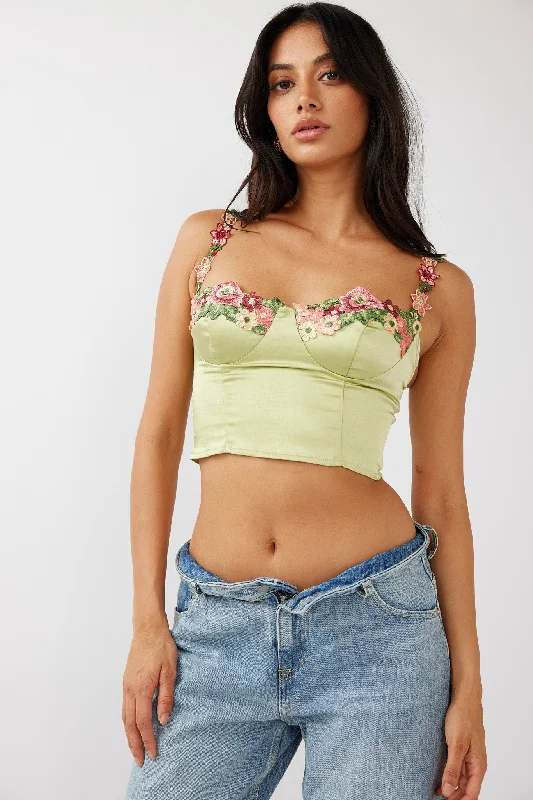 Chic & Modern Sales Rose Garden Floral Applique Crop Top Lime Limited - Edition Drops