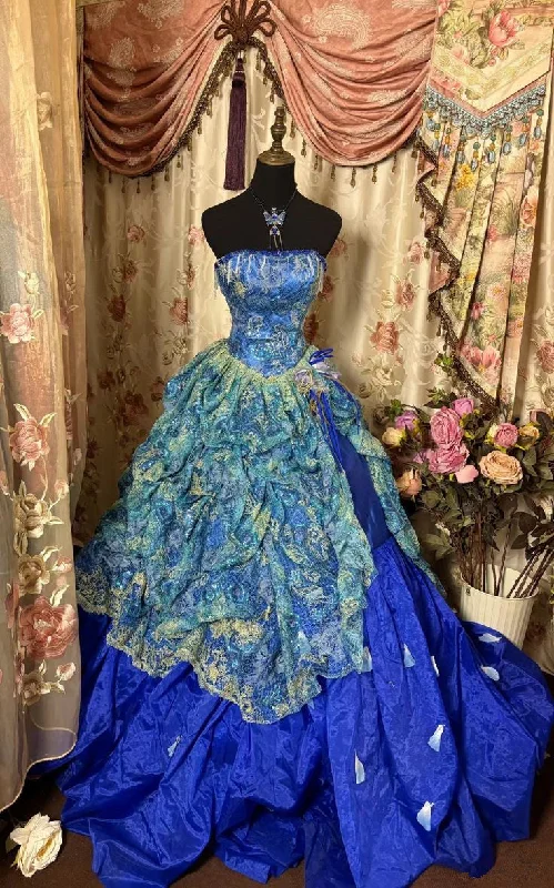 Shop The Hottest Deals Blue Strapless A-Line Satin Long Party Dress Vintage Evening Dress, D394 Coastal Beach - Inspired Style