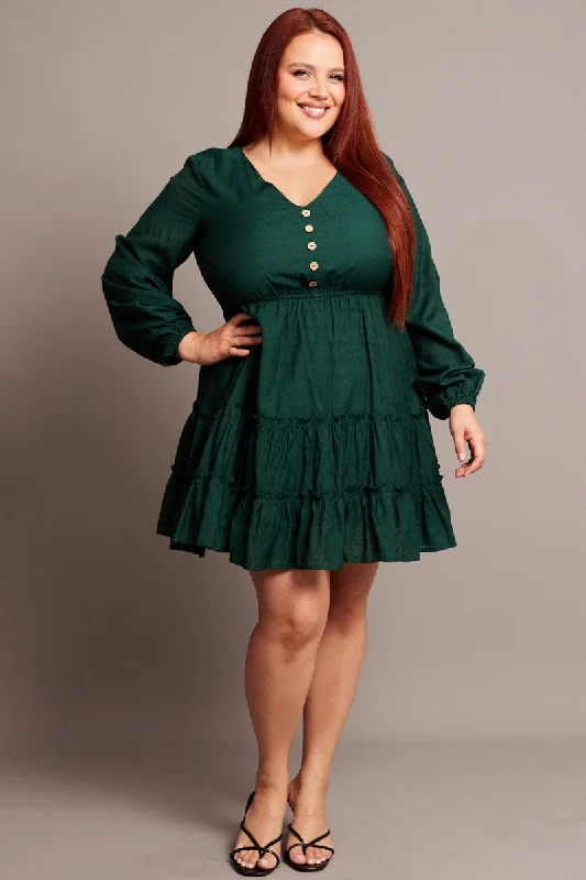 Chic Trend Collection Green Button Through Long Sleeve Dress Early Access To Art Deco Styles Sale