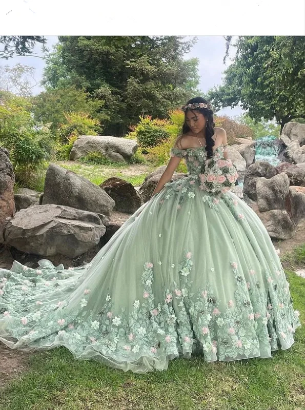 Special Offers, Don't Miss Luxury Green Princess Quinceanera Dresses Off Shoulder 3D Flowers Appliques Ball Gown Y4147 Sophisticated Cut
