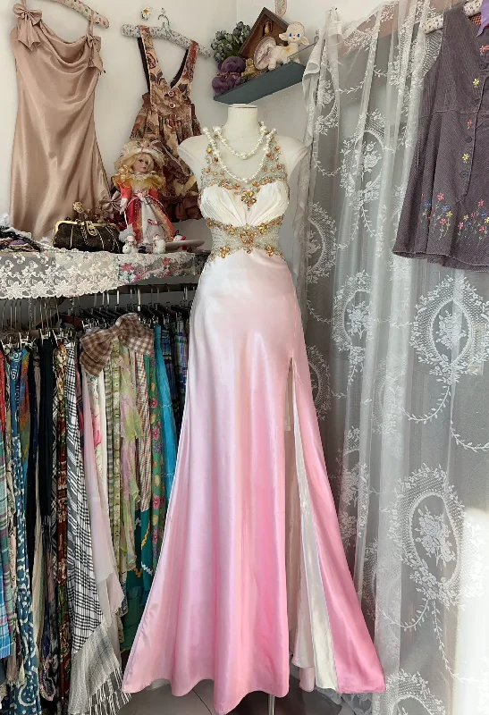 Best Sellers Ombre Pink Halter Beading A-Line Satin Vintage Long Party Dress, D331 Big Savings On Minimalist Office Styles