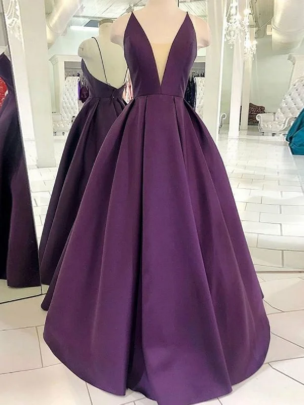 Stylish Deals Deep V Neck Backless Purple Satin Long Prom Dresses, Backless Purple Formal Dresses, Purple Evening Dresses Hollywood Glam Award - Show Style